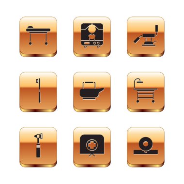 Sedye, tıbbi otoskop aleti, haçlı hemşire şapkası, lazımlık, diş fırçası, diş sandalyesi, Otolaryngological baş yansıtıcı ve X-ray makinesi ikonu. Vektör