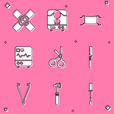 Çapraz bandaj bandı, röntgen cihazı, tıbbi koruyucu maske, kardiyogram, makas, testere, cımbız ve otoskop alet simgesini hazırlayın. Vektör