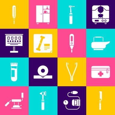 Tıbbi testere, ilk yardım çantası, lazımlık, diş matkabı, röntgen, göz testi şeması, termometre ve dijital ikon. Vektör