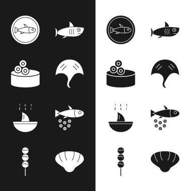 Stingray, havyarlı teneke kutu, tabakta balık, köpekbalığı, yüzgeç çorbası, balık, deniz tarağı ve Takoyaki çubuğu ikonu. Vektör