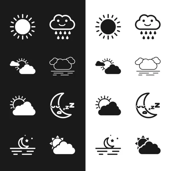 Setzen Sie Wolken, Sonne und Wolkenwetter ein, mit Regen, Mond und Sternen. Vektor — Stockvektor