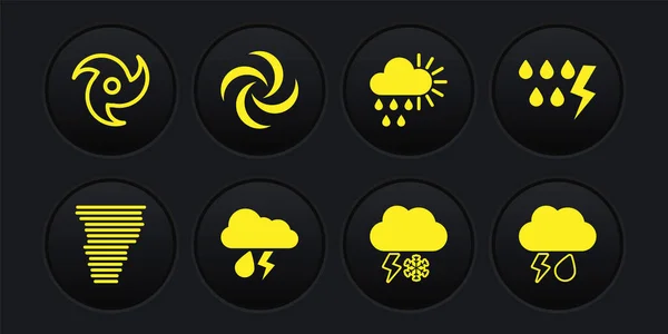 Set Tornado, Sturm, Wolke mit Regen und Blitz, Schnee, Bewölkte Sonne und Symbol. Vektor — Stockvektor
