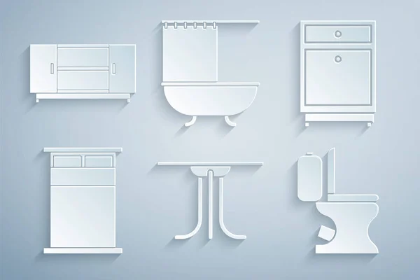 Set Runder Tisch, Möbel Nachttisch, großes Bett, Toilettenschüssel, Badewanne mit Duschvorhang und TV-Symbol. Vektor — Stockvektor