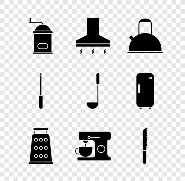 Set Molinillo de café manual, campana extractora de cocina, hervidor con mango, rallador, batidora eléctrica, cuchillo de pan, afilador de cuchillos e icono de cuchara. Vector — Archivo Imágenes Vectoriales