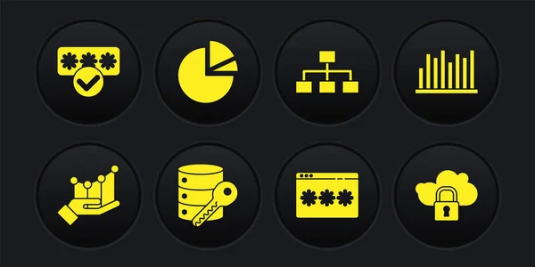 Set Pie Diagramm Infografik, Server-Sicherheit mit Schlüssel, Passwortschutz, Hierarchie Organogramm, Cloud-Computing-Sperre und Symbol. Vektor — Stockvektor