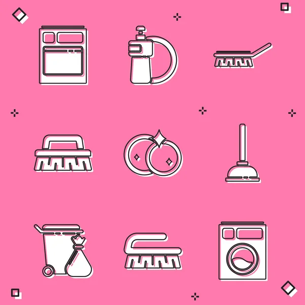 Mutfak bulaşık makinesi, bulaşık makinesi, bulaşık deterjanı, bulaşık fırçası, temizlik, bulaşık deterjanı, çöp tenekesi poşeti ve ikon. Vektör — Stok Vektör