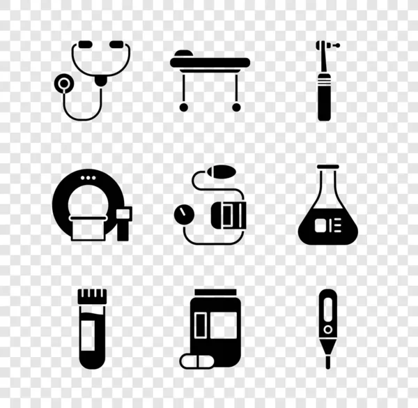 Definir estetoscópio, maca, broca de dente, tubo de teste com sangue, garrafa de remédio e comprimidos, termômetro digital médico, Tomografia e ícone de pressão arterial. Vetor —  Vetores de Stock