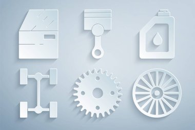 Gear 'ı ayarlayın, motor yağı için teneke kutu, Chassis araba, alloy tekerlek, motor pistonu ve araba kapısı simgesi. Vektör
