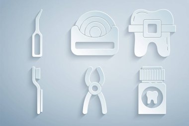 Diş fırçası, diş fırçası, ağrı kesici tablet, diş ipi ve kaşiflik simgesi. Vektör