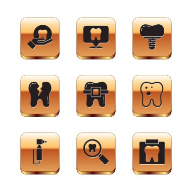 Diş, matkap, diş taraması diş teli, kırık diş implantı, röntgen ve klinik konum ikonu. Vektör