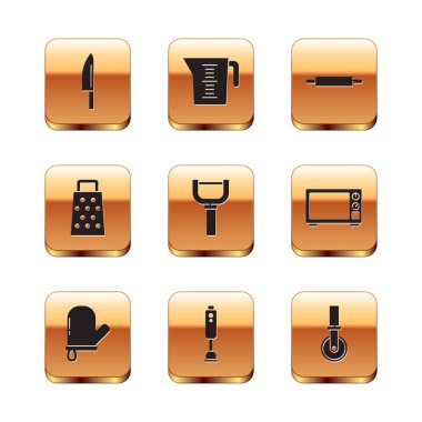 Set Bıçağı, fırın eldiveni, blender, Peeler, Grater, merdane, Pizza bıçağı ve Ölçme kabı ikonu. Vektör