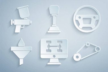 Arabanın teşhisi, direksiyon, huni ve yağ damlası, zaman ayarlı kemer kiti, vites kolu ve boya sprey tabancası ikonu. Vektör