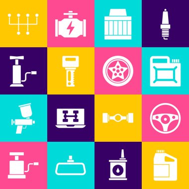 Motor yağı, direksiyon, araba hava filtresi uzaktan kumandalı, pompalı, vites kolu ve simgesi olan bir kutu ayarla. Vektör