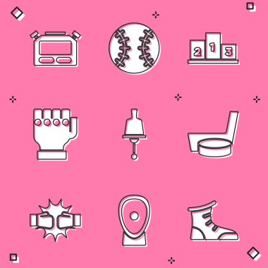 Stopwatch, Beyzbol topu, spor podyumu, MMA eldiveni, zil, buz hokeyi sopası ve puck, boks eldivenleri ve boks antrenman patileri ikonu ödülleri. Vektör