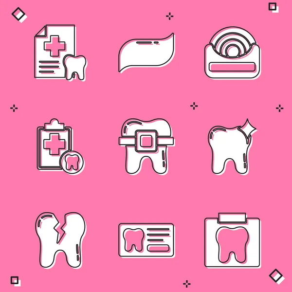 Set Tarjeta dental, pasta dental, hilo dental, dientes con tirantes, blanqueamiento, diente roto e icono. Vector — Archivo Imágenes Vectoriales