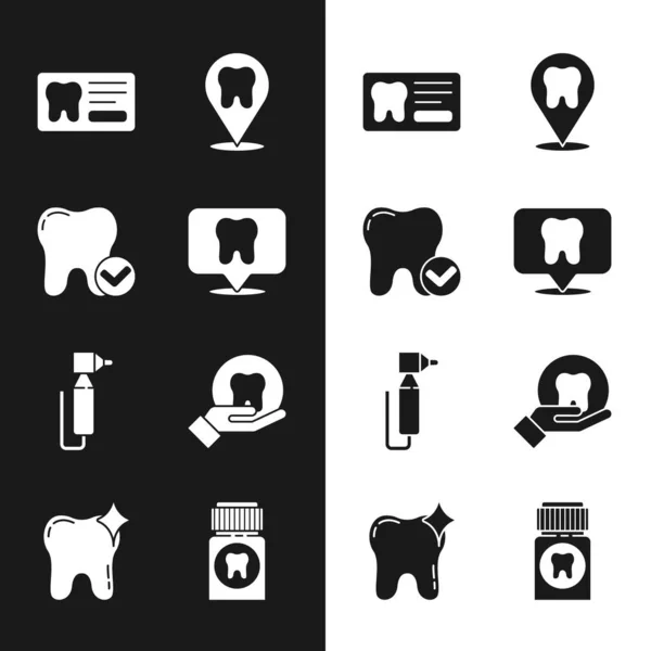 Set Dental clinic location, Tooth whitening concept, card, drill, Painkiller tablet and icon. Vector — 图库矢量图片