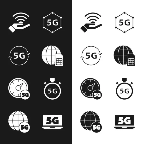 Set Globe 5G Sim Card, network, Digital speed meter, Laptop dengan dan ikon. Vektor - Stok Vektor