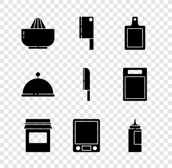 Set citrusvruchtensappers, vleeshelikopter, snijplank, jampot, elektronische weegschaal, sausfles, bekleed met dienblad en messenpictogram. Vector — Stockvector