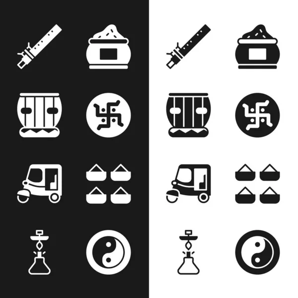 Set hinduistische Hakenkreuze, Instrumententabla, indische Bambusflöte, indisches Gewürz, Taxi Tuk Tuk, Yin Yang und Hakenkreuz-Symbol. Vektor — Stockvektor