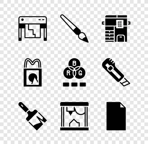Set Plotter, penseel, kopieermachine, 3D printer, Leeg document, papieren boodschappentas en RGB kleurenmengpictogram. Vector — Stockvector
