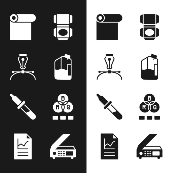 Set Printer inkt fles, Fontein pen nib, Roll van papier, Kartonnen doos, Pipet, RGB kleur mengen, Scanner en Document met grafiek grafiek pictogram. Vector — Stockvector