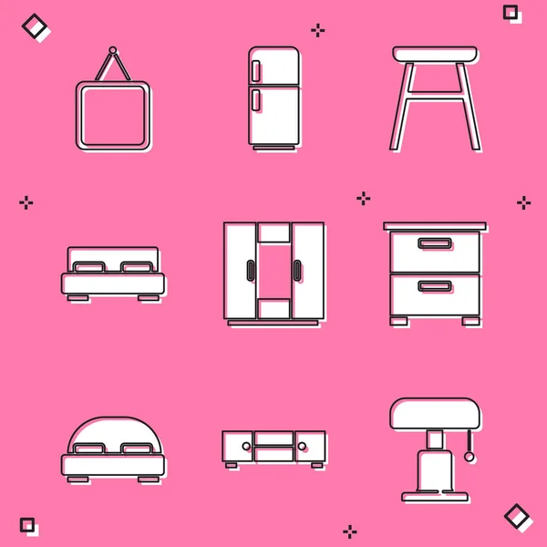 Set Espejo, Frigorífico, Silla, Cama grande, Armario, Muebles de mesa de noche, y el Pecho de cajones icono. Vector — Archivo Imágenes Vectoriales