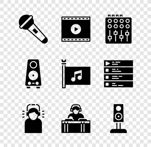 Set Mikrofon, Online-Wiedergabe von Video, Soundmixer Controller, Man Kopfhörer, DJ Musik, Stereo-Lautsprecher und Musik Festival Flagge Symbol. Vektor — Stockvektor