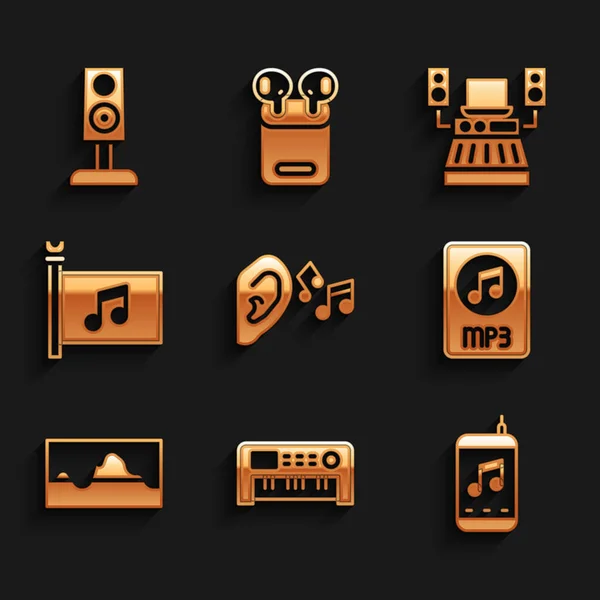 Set Ear listen sound signal, Music synthesizer, player, MP3 file document, wave equalizer, festival flag, recording studio and Stereo speaker icon. Vector — Stock Vector