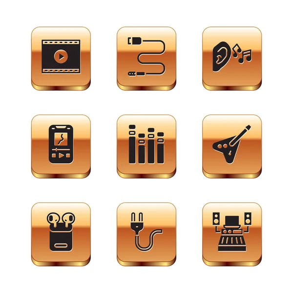 Set Online-Wiedergabe von Video, Air-Kopfhörer-Box, Stecker, Musik-Equalizer, Player, Ohr hören Tonsignal, Tonstudio und Audio-Buchse-Symbol. Vektor — Stockvektor