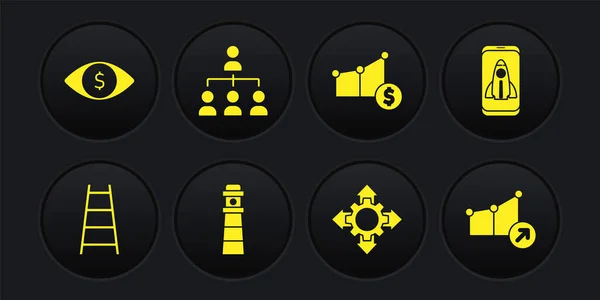 Set Treppe mit Zielflagge, Startup-Projektkonzept, Leuchtturm, Basis des Projektteams, Tortendiagramm und Dollar, Hierarchie-Organogramm, Finanzwachstum und Augensymbol. Vektor — Stockvektor