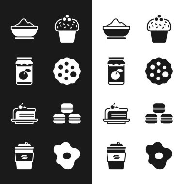 Kurabiye ya da bisküvi, reçel kavanozu, un kasesi, kek, pasta, makarna, çırpılmış yumurta ve kahve fincanı hazırla. Vektör