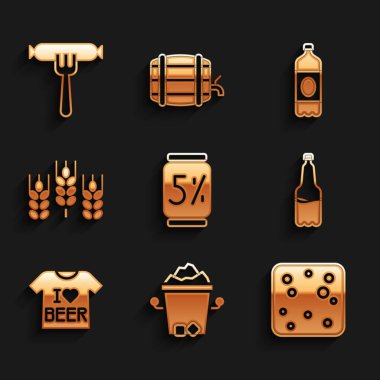 Bira kutusu, buz kovası, baloncuk, plastik bira şişesi, tişört, buğday ve sosis. Vektör