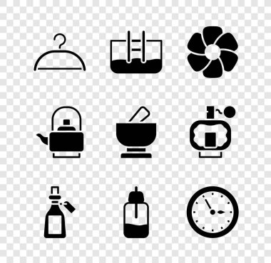 Askı gardırobu, merdiveni olan yüzme havuzu, çiçek, temel yağ şişesi, sauna saati, kettle sapı ve havan topu ikonu. Vektör