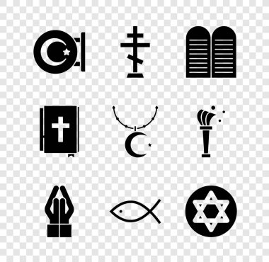Set Star ve Hilal, Hristiyan haçı, dua eden eller, Davut 'un balığı, kutsal İncil kitabı ve zincir ikonu. Vektör