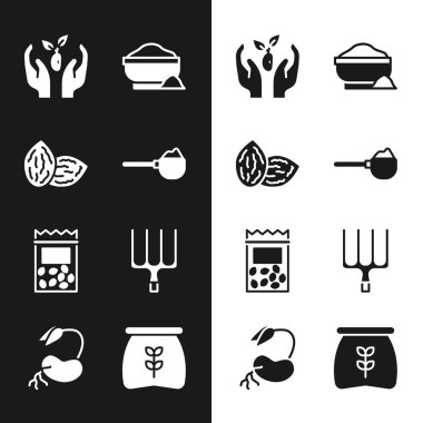 Ölçme kabını un, tohum, bitki eli, un kasesi, tohum tohumu, bahçe yabası, torba ve filizlenme ikonu ile ayarla. Vektör