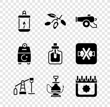 Ramazan Kareem feneri, Tarih meyvesi, top, yağ pompası ya da pompa, nargile, takvim, bağış ve parfüm ikonunu hazırla. Vektör