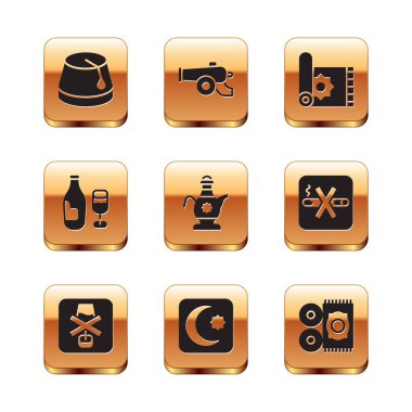 Türk şapkası, alkol yok, yıldız ve hilal yok, İslami çaydanlık, camlı şarap şişesi, geleneksel halı ve Ramazan ikonu. Vektör