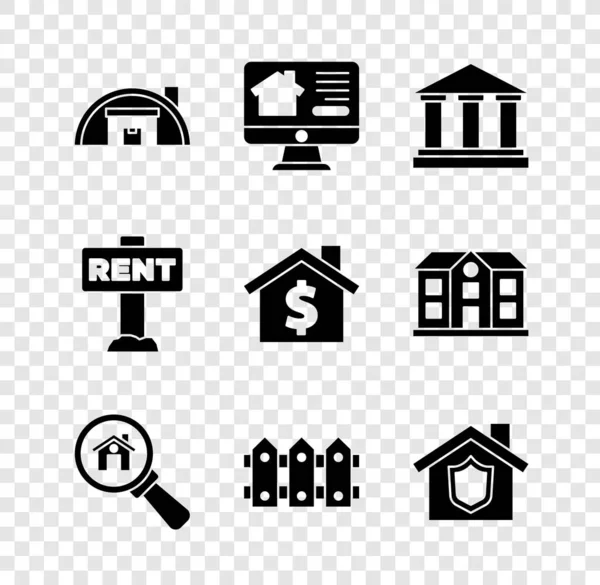 Set Warehouse, Online real estate, Museum building, Search, Garden fence wooden, House with shield, Hanging sign Rent and dollar symbol icon. Vector — Stock Vector