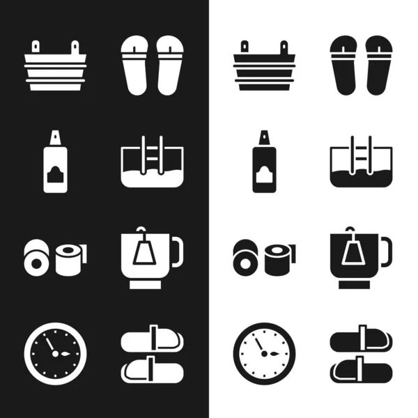 Set Swimming pool with ladder, Spray can for hairspray, Sauna bucket, Flip flops, Toilet paper roll, Cup of tea tea bag, slippers and clock icon. Vector — 스톡 벡터
