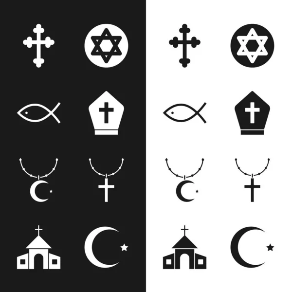 Set Pope hat, Christian fish, cross, Star of David, and crescent on chain, and Church building icon. Vector — Stock Vector