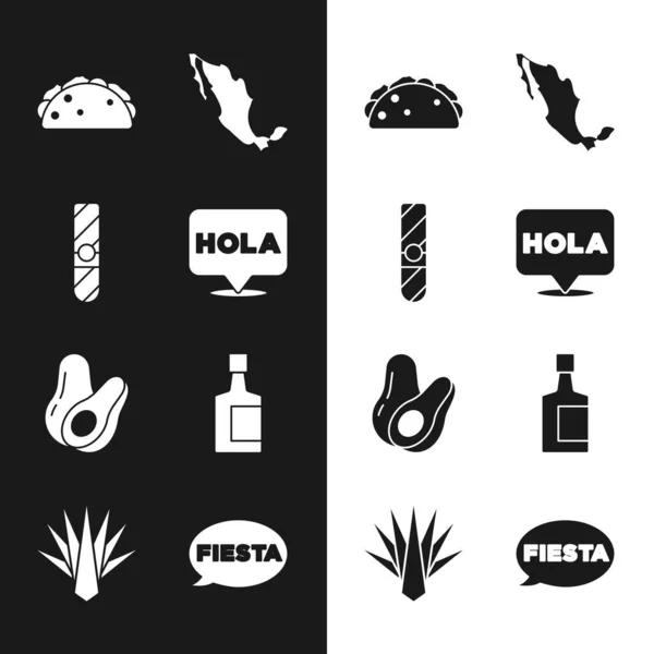 Állítsa Hola, Szivar, Taco tortilla, Térkép mexikói, avokádó gyümölcs, Tequila palack, Fiesta és Agave ikon. Vektor — Stock Vector