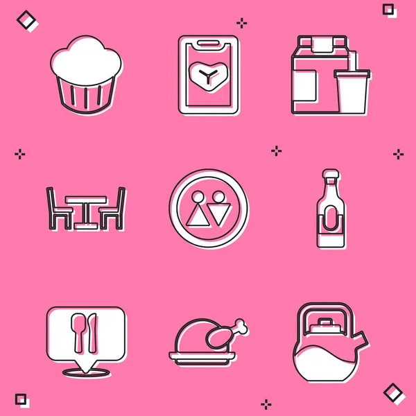 Set Cupcake, Restaurant cafe menu, Online ordering and delivery, Wooden table with chair, Toilet, Wine bottle, Cafe restaurant location and Roasted turkey chicken icon. Vector — Stock Vector