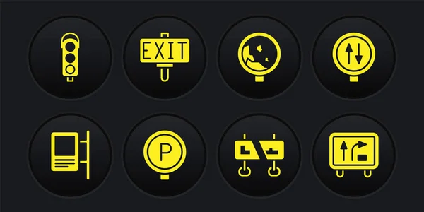 Verkeersbord instellen, waarschuwing in twee richtingen, Parking, rockfall, Fire exit en Traffic light icoon. Vector — Stockvector
