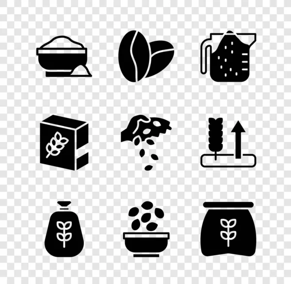 Definir tigela de farinha, grãos de café, copo de medição, farinha de saco, sementes, pacote e ícone. Vetor — Vetor de Stock