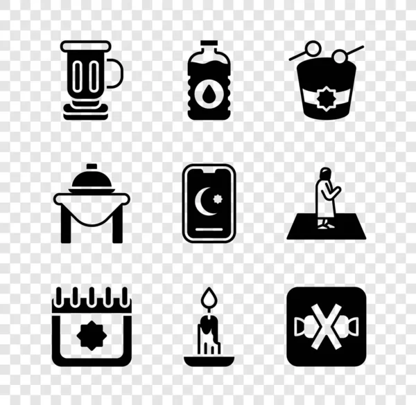 Set copa medieval, botella de agua, tambor de Ramadán, calendario, vela ardiente, sin dulces, comida de mesa e icono de la media luna estrella. Vector — Archivo Imágenes Vectoriales