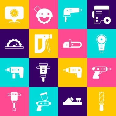 Rasp metal dosyasını, elektirikli kablosuz tornavidayı, açı öğütücüsünü, yapbozu, tel zımbayı, dairesel bıçağı ve elektrikli testere ikonunu ayarla. Vektör