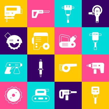 İnşaat matkabı, elektrikli matkap, elektrik jeneratörü, dairesel testere, yapboz ve planer alet ikonu. Vektör