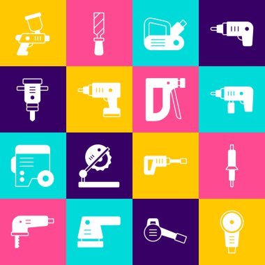 Açı öğütücü, lehim makinesi, elektrikli matkap, planör aleti, kablosuz tornavida, inşaat matkabı, sprey tabanca ve zımba ikonu ayarlayın. Vektör