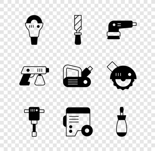 Set Winkelschleifer, Rasp Metallfeile, Elektroschleifer, Bau Presslufthammer, Stromgenerator, Schraubendreher, Farbspritzpistole und Hobelwerkzeug Symbol. Vektor — Stockvektor