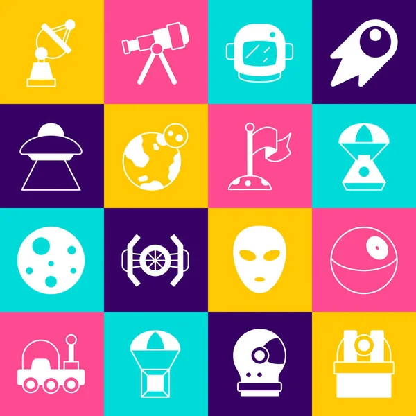 Astronomik gözlemevi, Planet, Space kapsülü, astronot miğferi, Dünya küresi, UFO uçan uzay gemisi, uydu anteni ve bayrak ikonlu Ay 'ı ayarlayın. Vektör